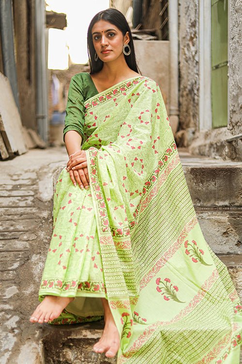 Handblock Printed Mul Cotton Saree - Traditional Indian Saree for Women | Perfect for Weddings, Festivals & Special Occasions
