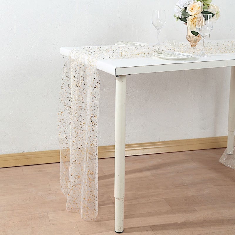 10 ft Metallic Glitter Sheer Chiffon Table Runner - White and Gold Wedding Party Decor for Dining Table, Buffet, and Special Events