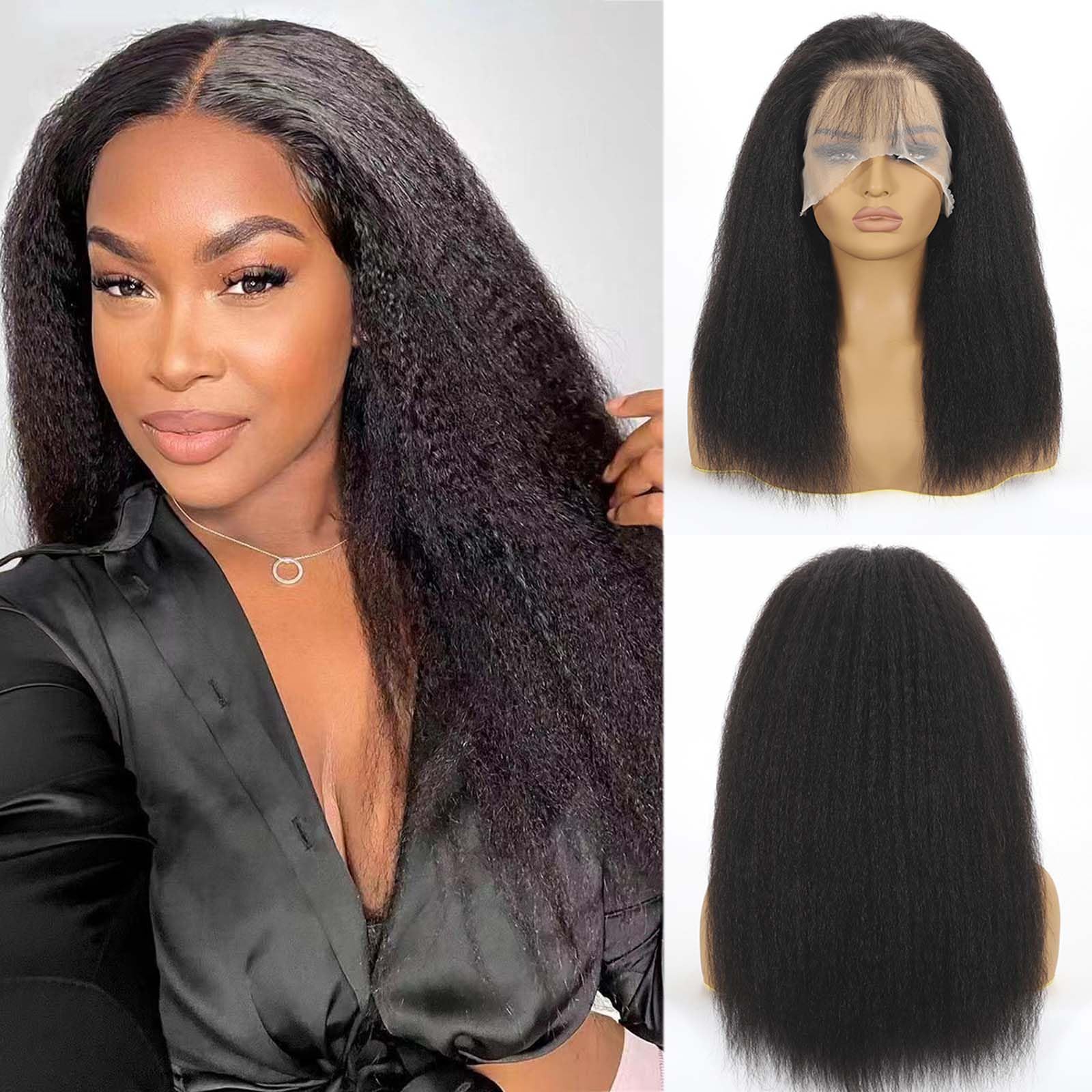 AZW Kinky Straight Human Hair Wigs for Black Women - 180 Density 13x4 HD Lace Front Wig with Baby Hair & Bleached Knots | Glueless Pre-Plucked Lace Closure Wig (20 Inch, Black) | Perfect for Daily Wear, Special Occasions & Protective Styling