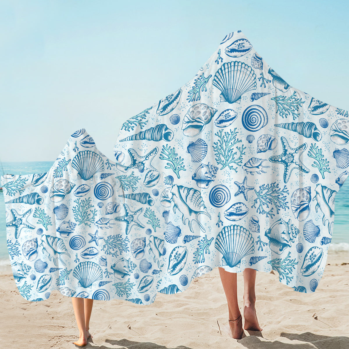 Blue Seashells Hooded Beach Towel for Kids - Soft & Absorbent Swim Cover Up - Perfect for Pool, Beach & After Bath Use