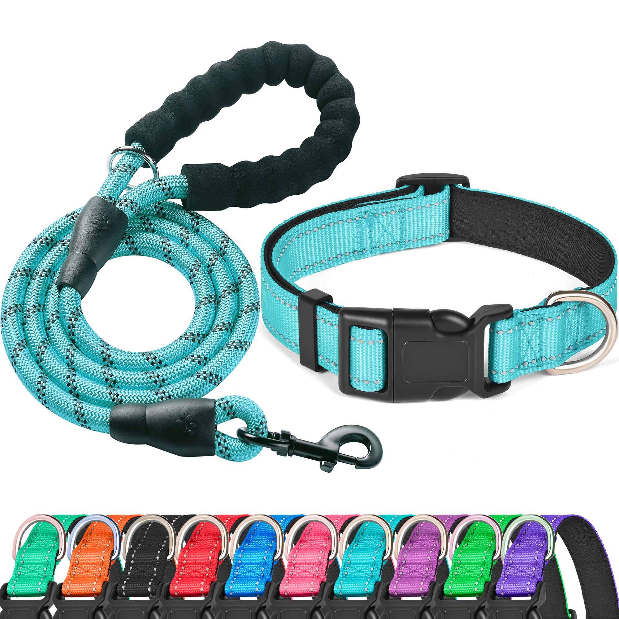 Reflective Padded Dog Collar with Soft Neoprene - Adjustable Nylon Pet Collar for Small, Medium & Large Dogs - Blue Collar with Leash Included (Pack of 1) - Perfect for Night Walks, Jogging & Outdoor Adventures