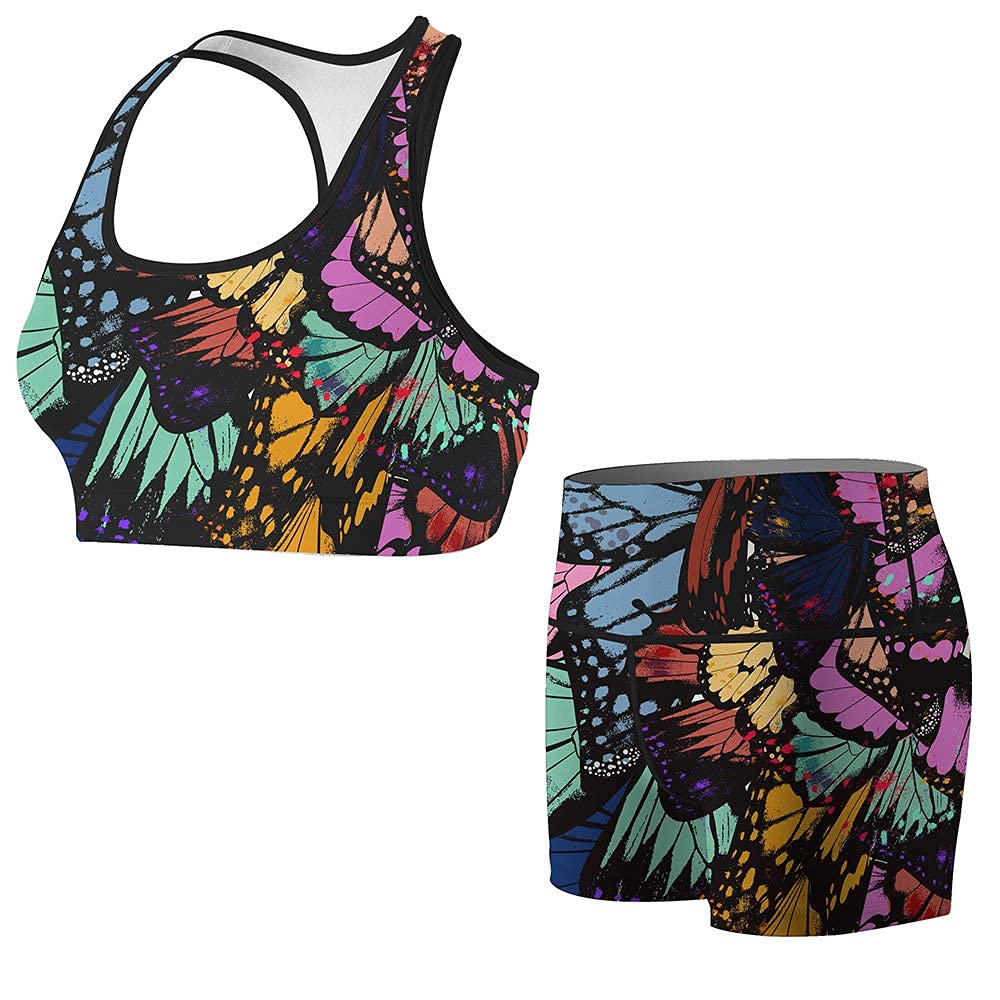 CHOO Women's Quick Dry Sports Bra & Biker Shorts Set - MMA Training, Yoga, Gym Workout - Graffiti Butterfly Print - XXL - Breathable & Comfortable Athletic Wear for Active Women