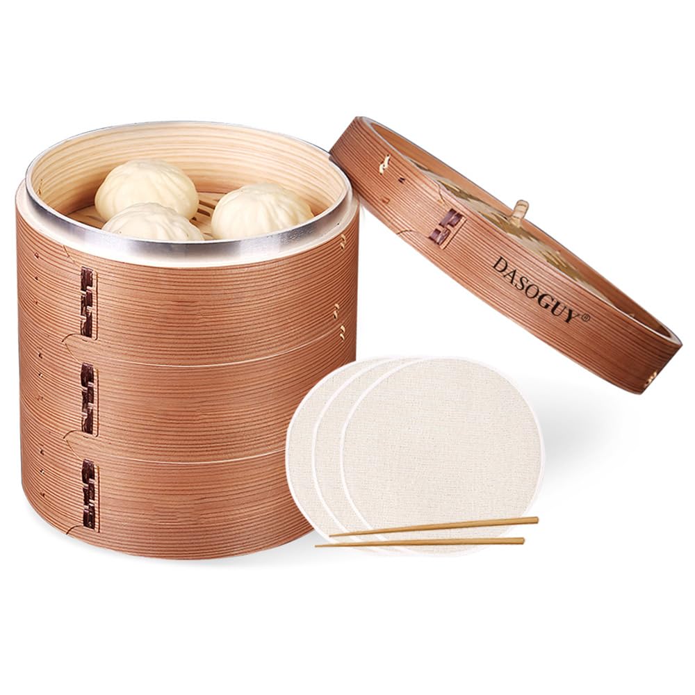 11.8 Inch Handmade Bamboo Steamer with Stainless Steel Rings - 3 Tier Stackable Dim Sum Basket for Dumplings, Buns & Rice - Includes Chopsticks & Cotton Liners - Perfect for Asian Cooking, Meal Prep & Party Serving
