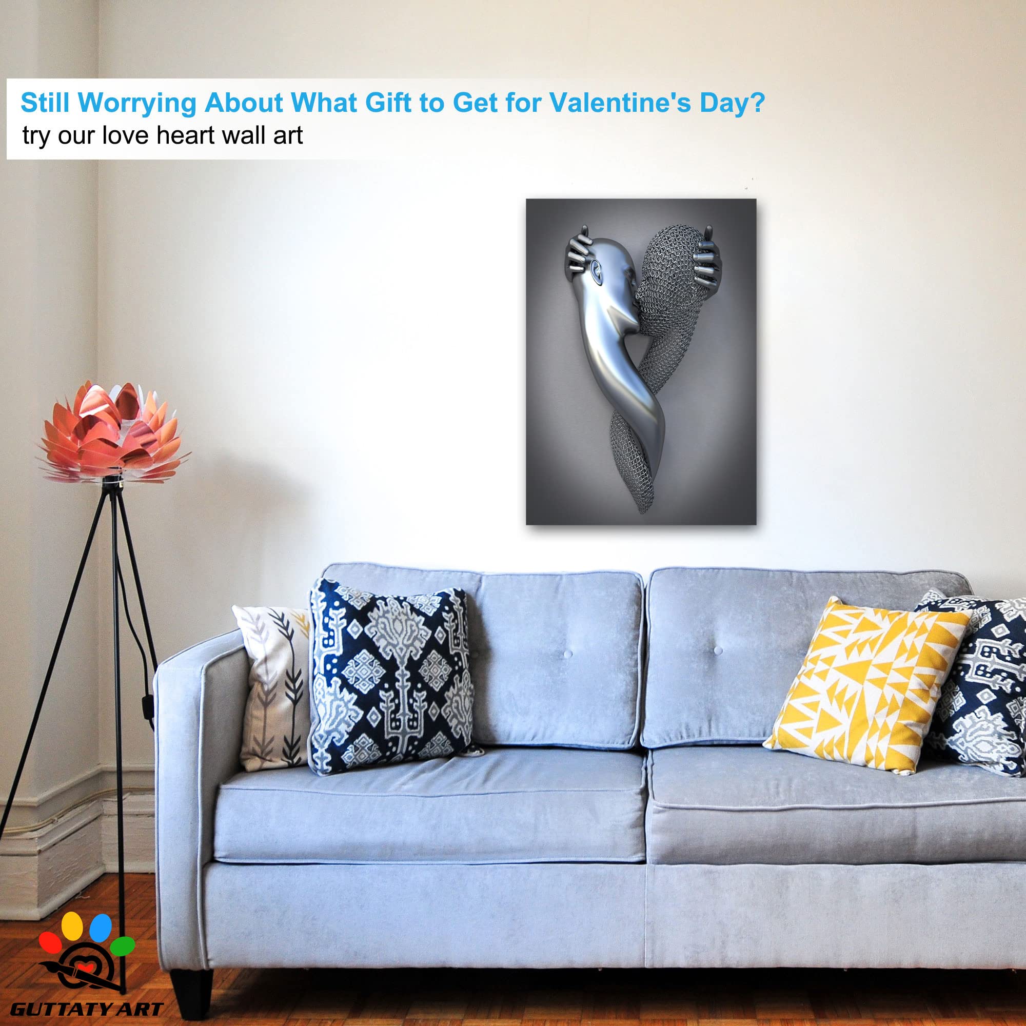 3D Metal Effect Love Heart Gray Wall Art - Romantic Kissing Couple Canvas for Bedroom & Living Room Decor - Valentine's Day Gift for Couples (28x40 Inches) - Perfect for Anniversary, Wedding & Home Interior Design