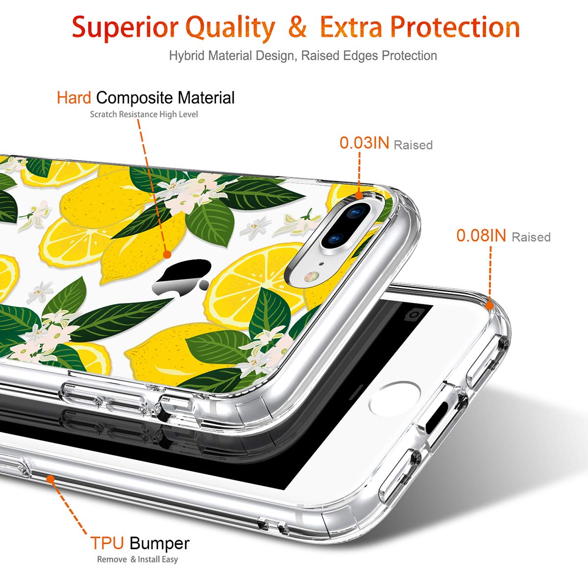 GiiKa Heavy Duty Clear iPhone 8 Plus Case with Screen Protector | Floral Design TPU Bumper Cover | Shockproof Protective Phone Case for Women | Compatible with iPhone 7 Plus (Yellow Lemons Pattern) | Perfect for Everyday Use, Work & Outdoor Activities