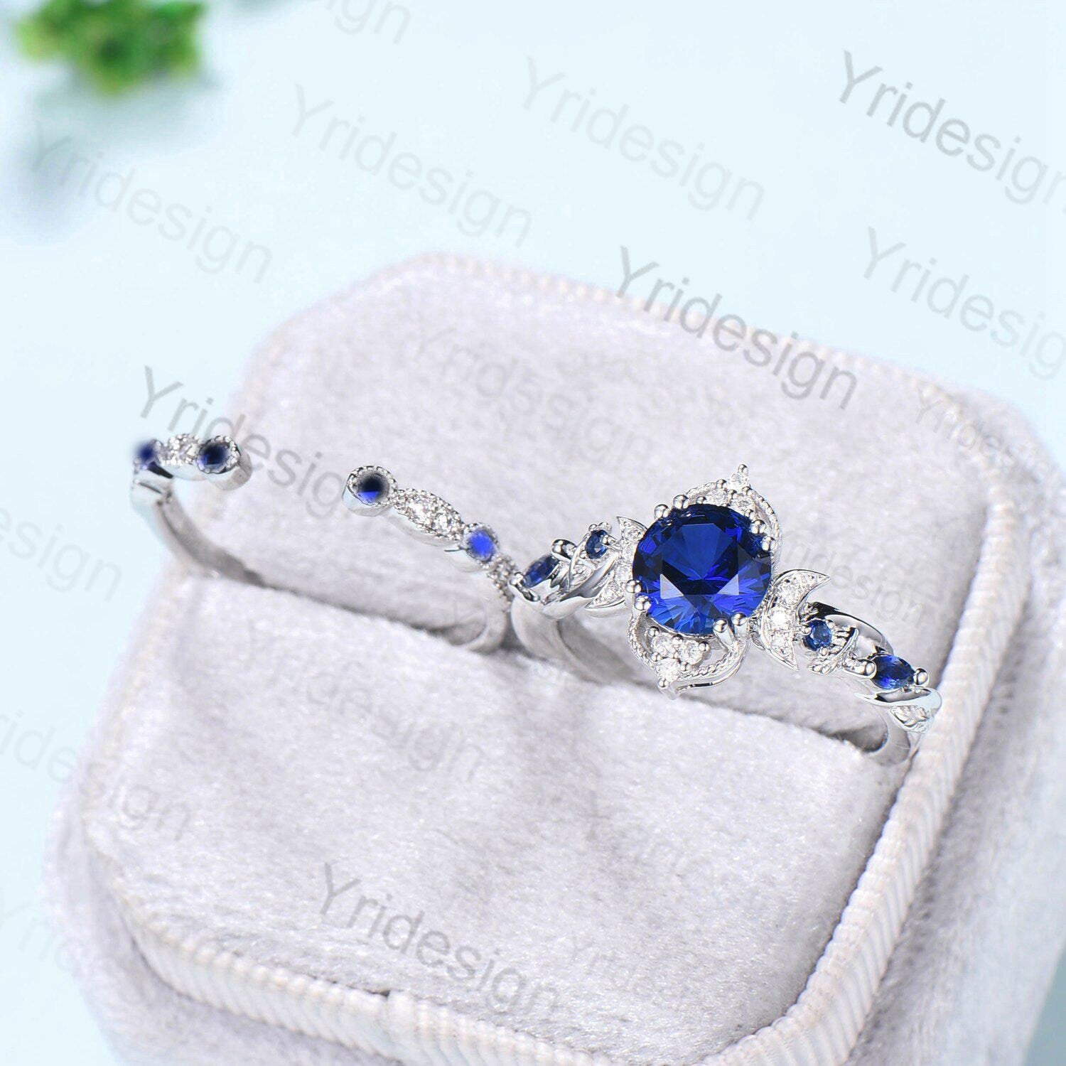 Blue Sapphire Engagement Ring Set for Women - Crescent Moon Art Deco Wedding Band with Open Gap Design - Nature Inspired Bridal Jewelry for Proposals, Anniversaries & Special Occasions