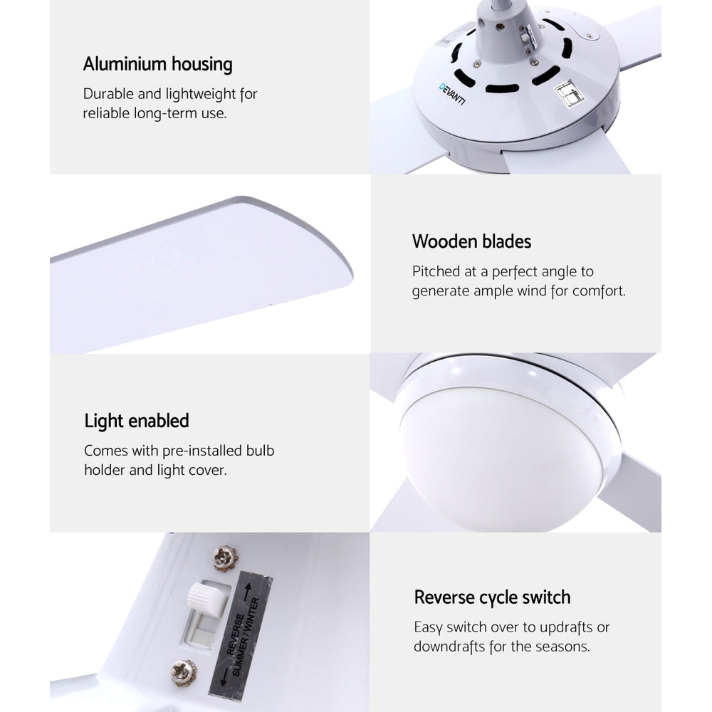 Devanti 52 Inch White Ceiling Fan with Light and Remote Control - Quiet AC Motor for Bedroom, Living Room & Outdoor Use