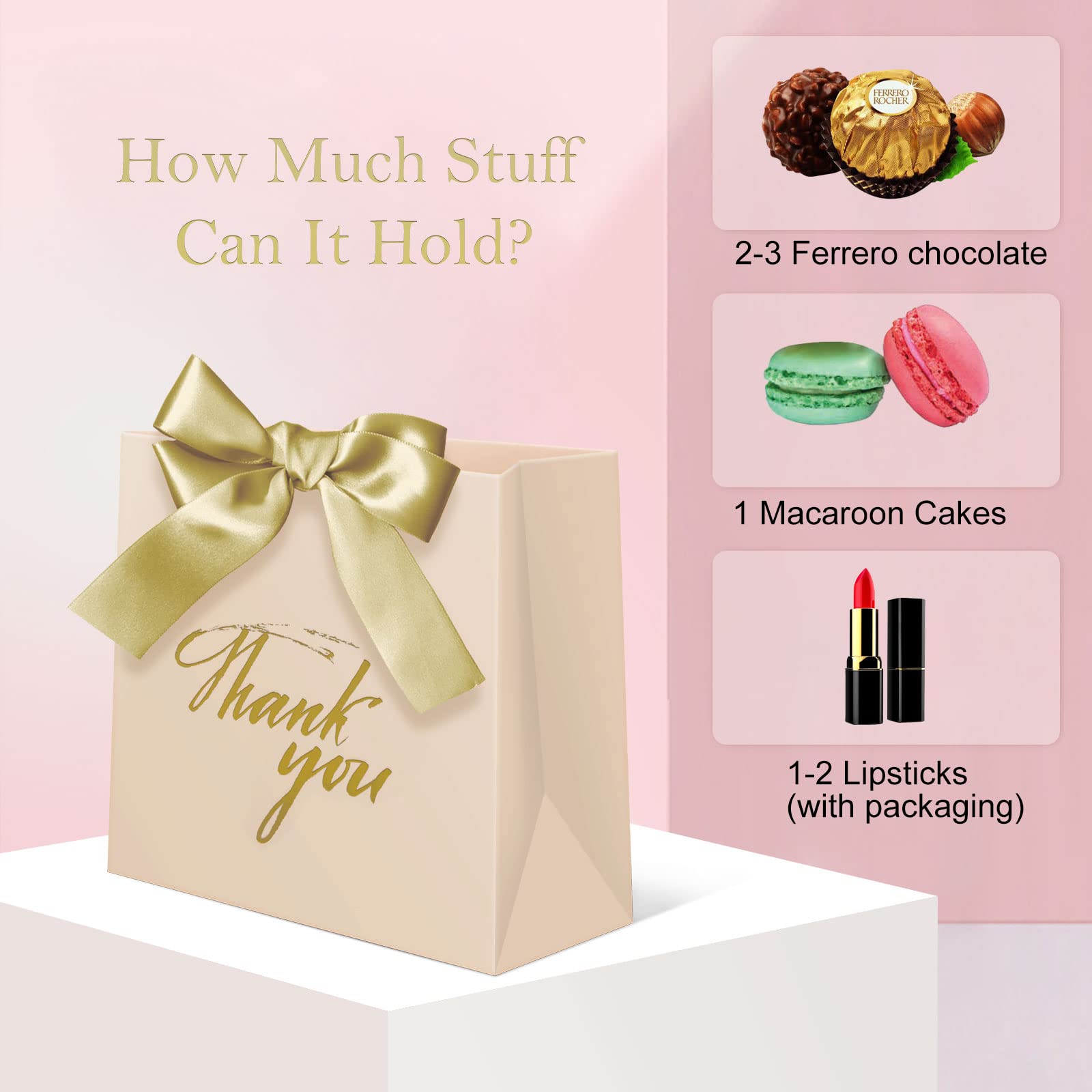 24 Pack Small Pink Thank You Gift Bags with Bow Ribbon - 4.5x1.8x3.9 Inches Wedding Party Favor Treat Boxes - Perfect for Bridal Showers, Baby Showers & Birthday Party Favors (Gold)