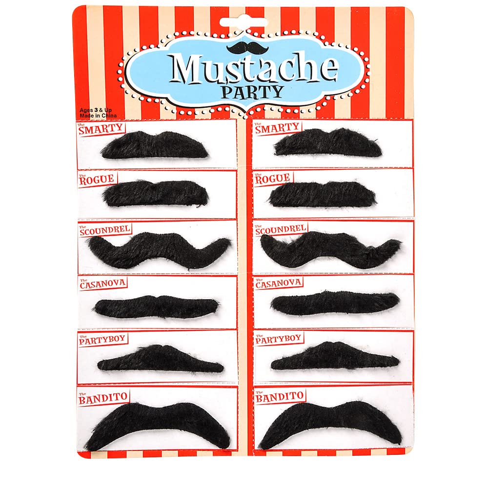 Road Island Novelty 3.5 Inch Black Fake Mustache Set - 12 Piece Costume Mustaches for Halloween, Cosplay, and Themed Parties