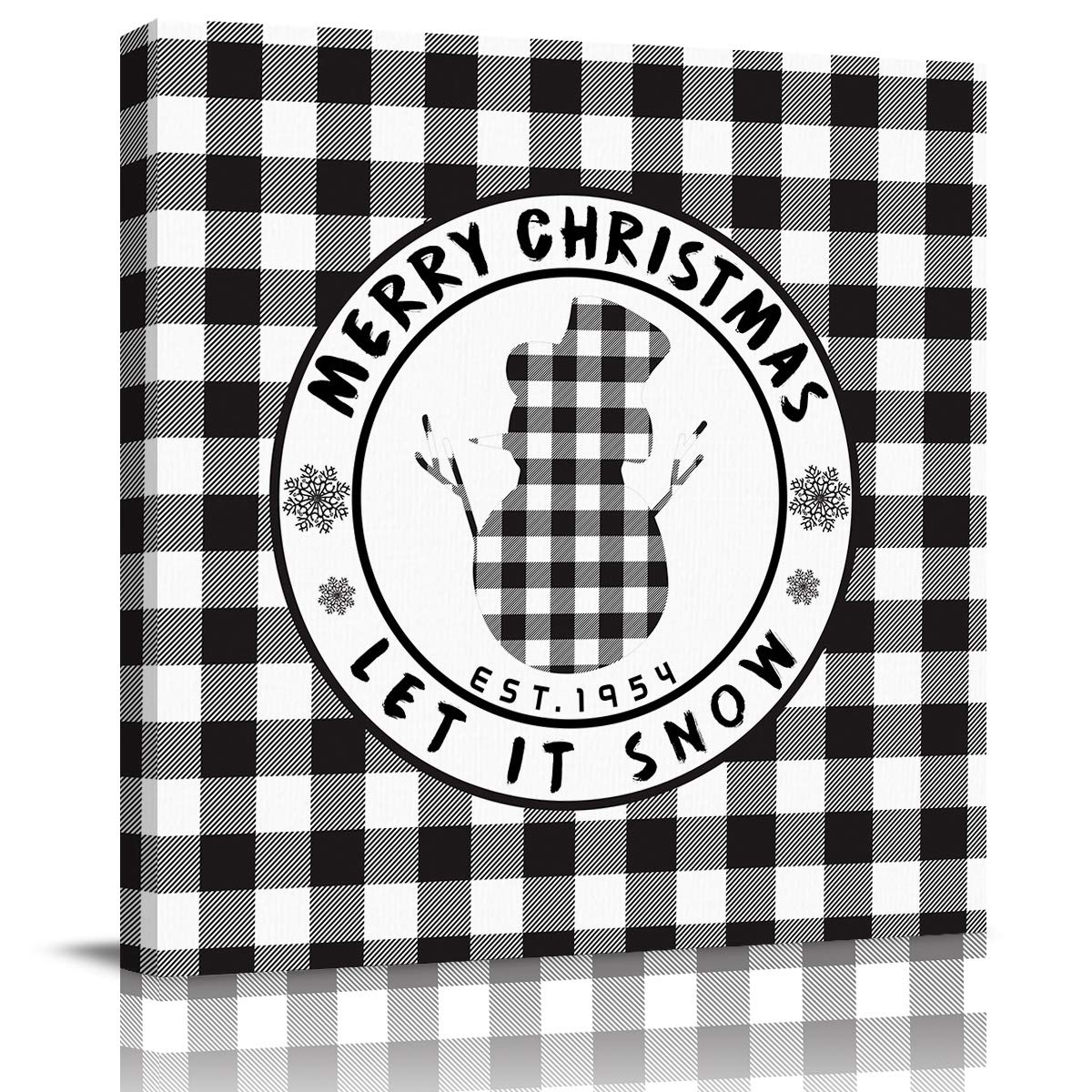 Buffalo Plaid Snowman Framed Canvas Wall Art - Merry Christmas Let It Snow Black & White Abstract Painting Print - 12x12 Inch Ready to Hang Holiday Decor for Bedroom, Bathroom, Kitchen - Perfect Christmas Gift & Winter Home Decoration