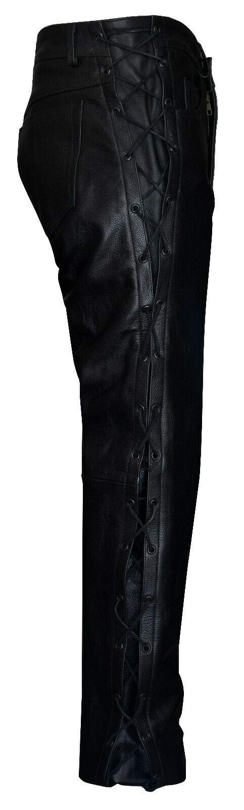 Men's Classic Black Cowhide Leather Motorcycle Pants - Biker Jeans with Lace-Up Detail for Riding & Casual Wear
