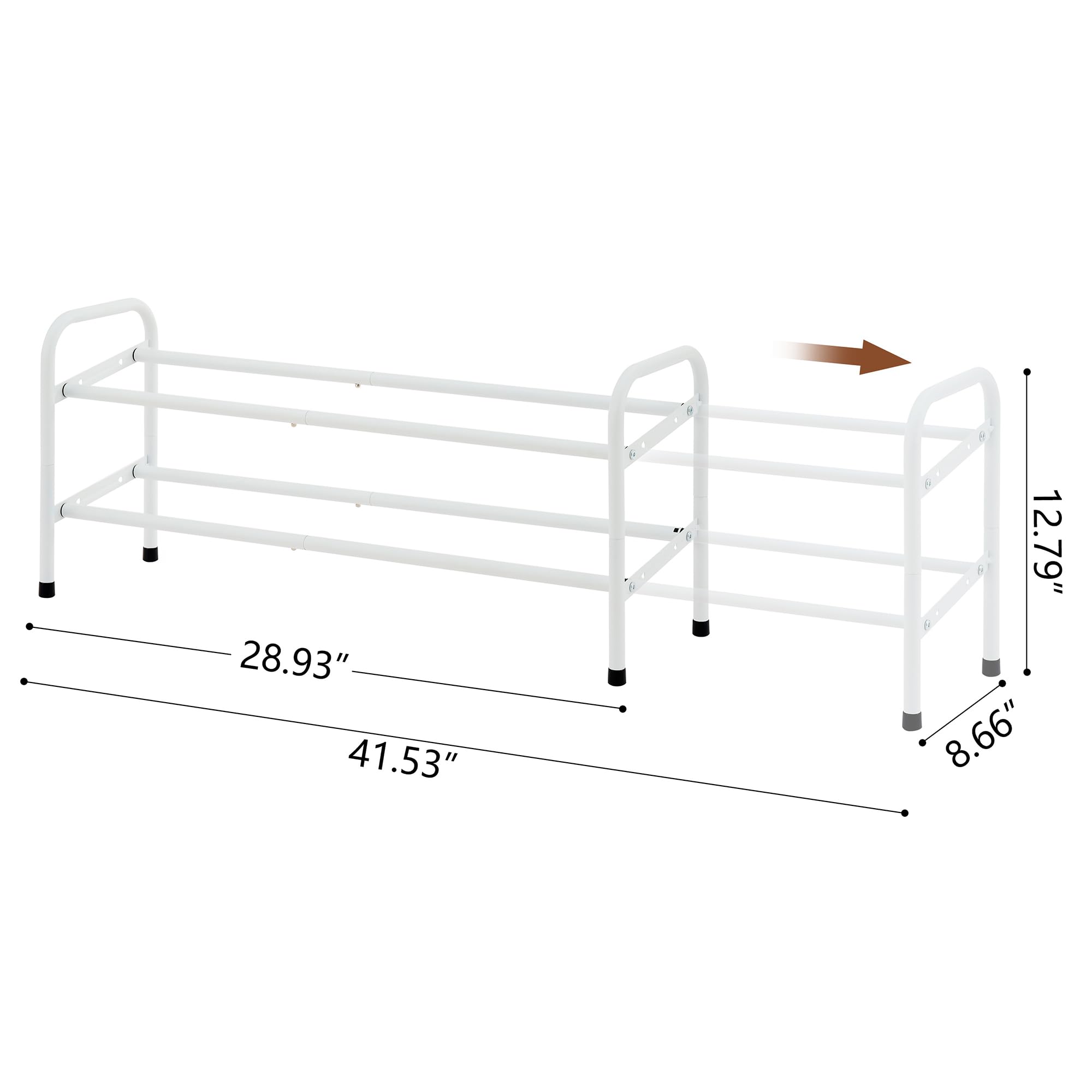 2-Tier Expandable Shoe Rack for Closet - Adjustable Metal Shoe Organizer Holds Up to 12 Pairs - Perfect for Bedroom, Entryway, Hallway - White (41.53 Inches) - Space Saving Shoe Storage Solution for Small Spaces & Apartment Living