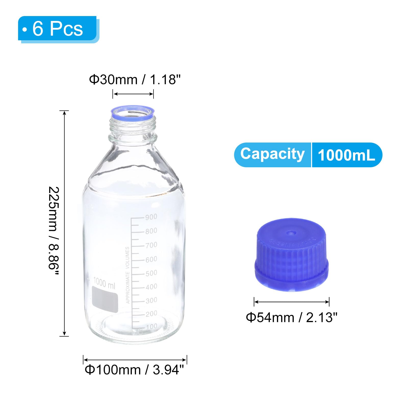 PATIKIL 6 Pack 1000ml Borosilicate Glass Reagent Storage Bottles with GL32 Blue Screw Cap - Lab-Grade Graduated Round Bottles for Water, Chemicals & Liquid Reagents - Perfect for Laboratories, Science Experiments & DIY Projects
