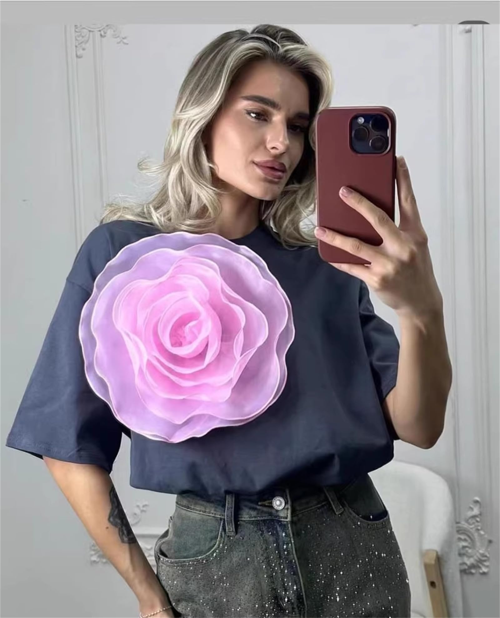KM2-FLOWER Women's Short Sleeve T-Shirt with 3D Floral Print - Elegant Blouse for Casual Wear, Party & Date Night Outfits
