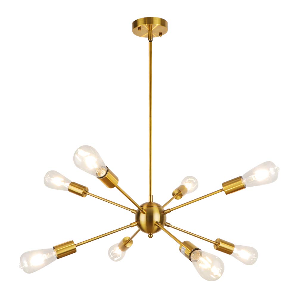 LynPon Gold Sputnik Chandelier - 8 Light Modern Brass Ceiling Fixture for Dining Room, Kitchen, Living Room, Bedroom & Entryway | Elegant Golden Plated Lighting for Home Decor & Interior Design