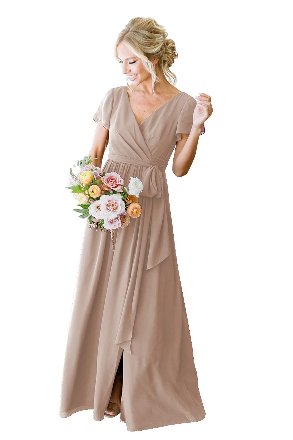 Elegant A-Line Chiffon Bridesmaid Dresses with Pockets & Short Sleeves - Women's Formal Party Gowns for Weddings, Proms & Special Occasions