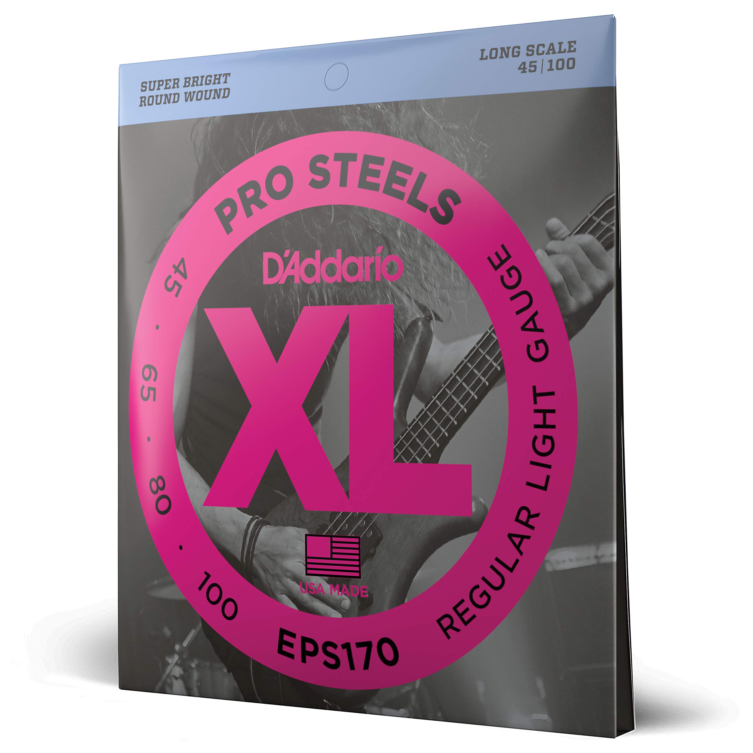D'Addario EPS170 XL Pro Steels Bass Guitar Strings - 4-String Set, Long Scale, Regular Light Gauge 45-100 - Perfect for Rock, Jazz & Studio Recording - Pack of 1