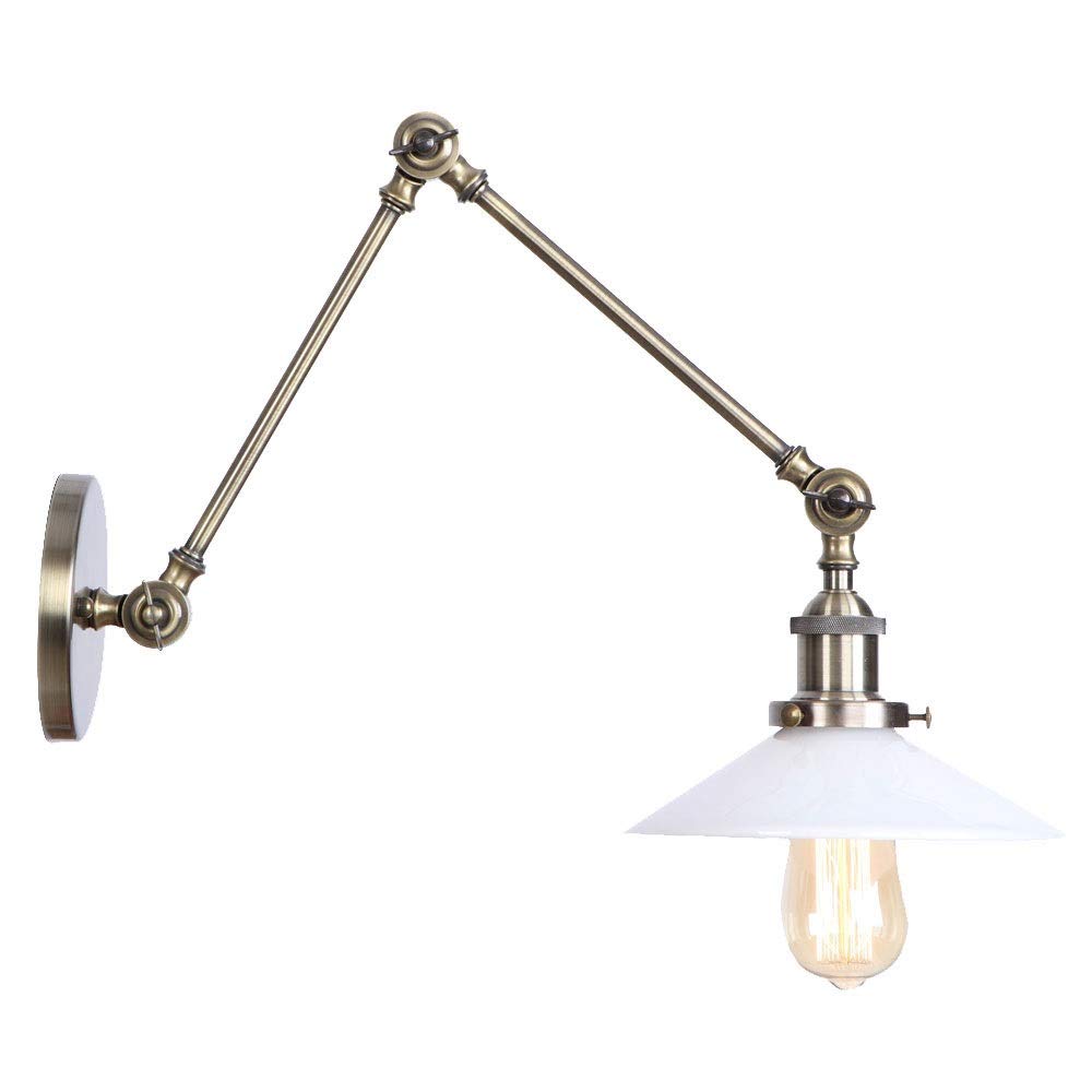 Vintage Foldable Wall Lamp with Long Swing Arm - Adjustable Wrought Iron Sconce, White Glass Shade & Telescopic Design for Bedroom, Living Room, or Office Lighting (Bronze)