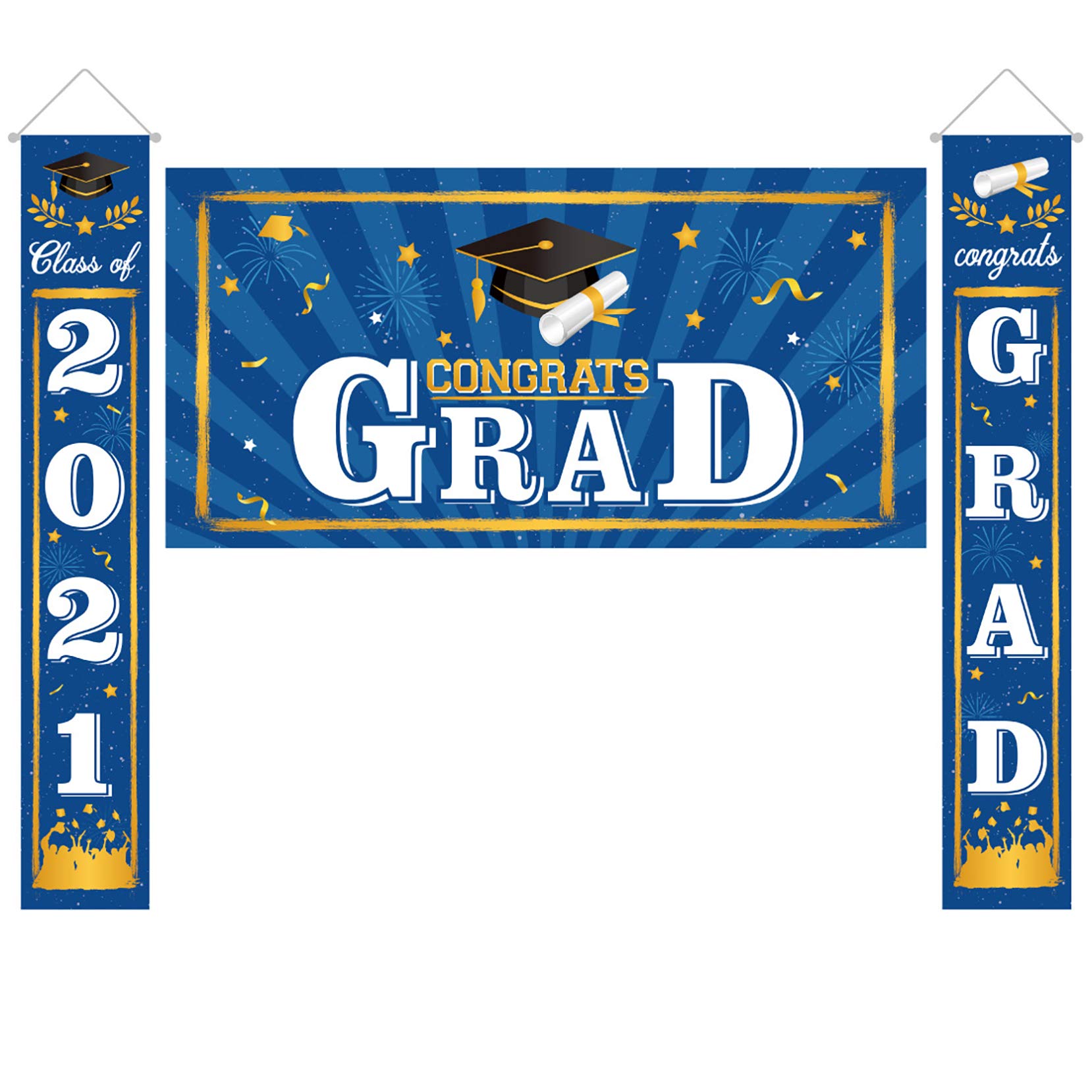 URYY 2021 Graduation Decorations - 2 Hanging Banners & 1 Large Porch Sign for Outdoor Home Door Decor - Perfect for Graduation Parties, School Celebrations & Backyard Events