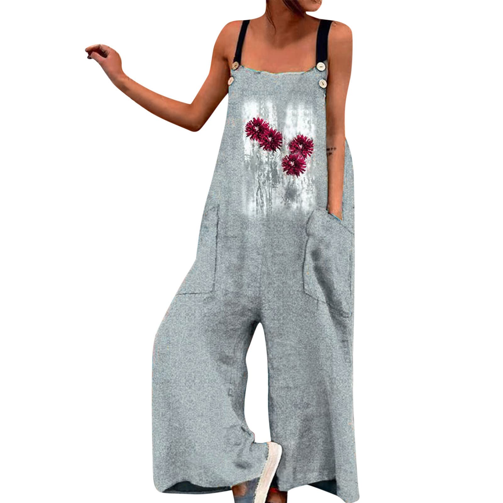 iOPQO Women's Printed Oversized Jumpsuit - Casual Long Sleeve Romper with Pockets & Button Strap | Perfect for Summer Outfits, Beach Vacations & Streetwear Fashion