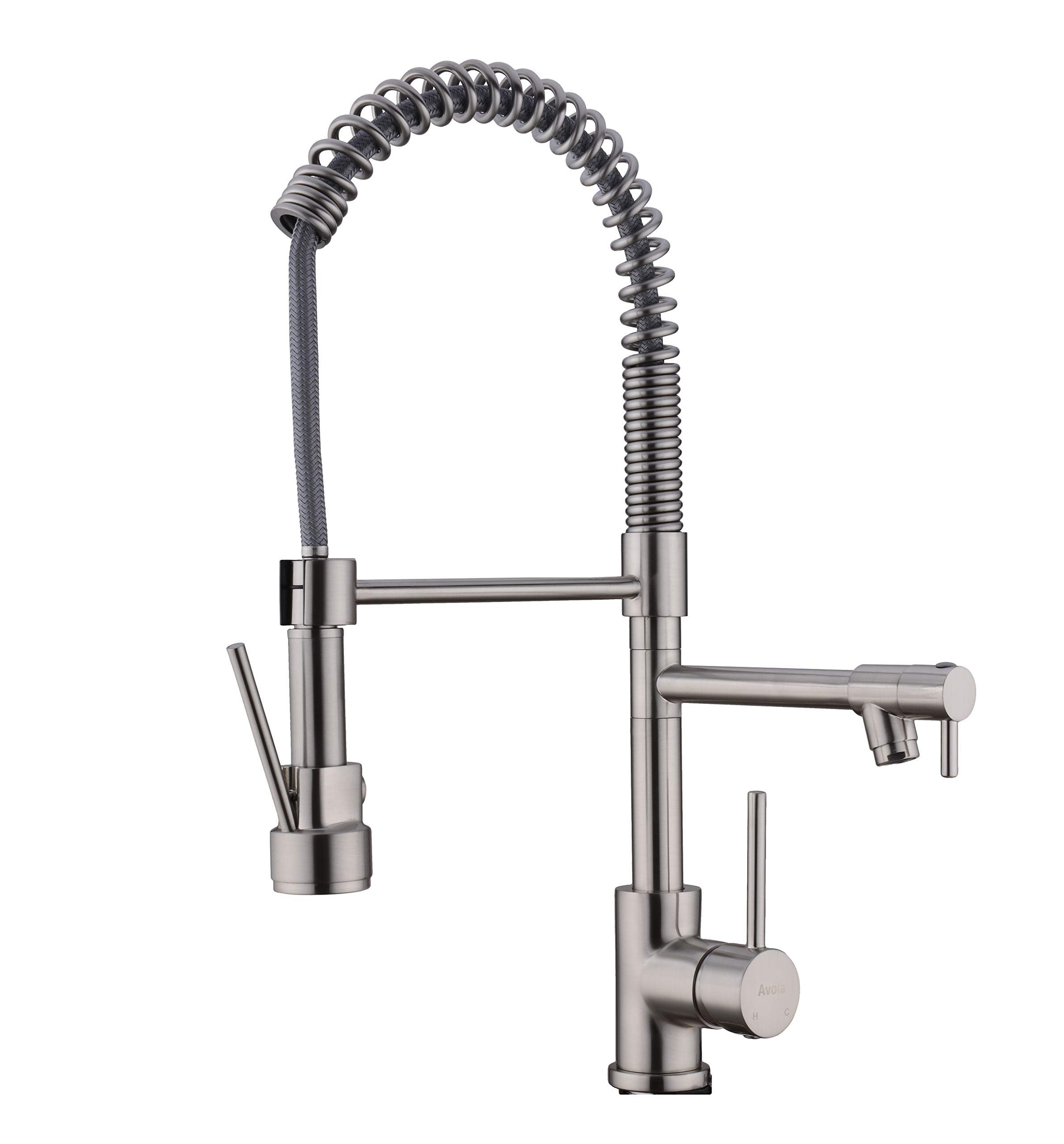 Avola Brushed Nickel Single Handle Pull Down Kitchen Faucet with Sprayer - High Arc Spring Brass Sink Faucet for Modern & Farmhouse Kitchens | Easy Installation & Durable Design