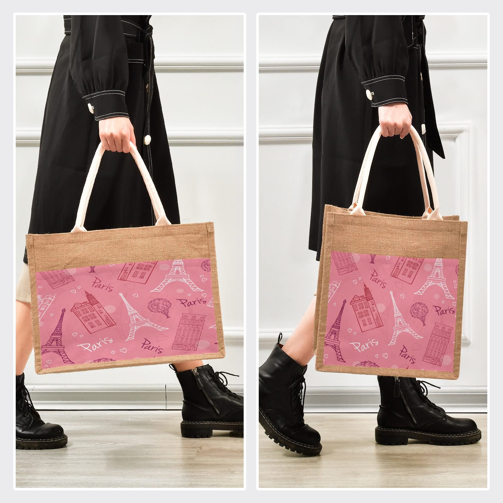 Linqin Pink Romantic Paris Jute Tote Bag - Waterproof Burlap Straw Grocery Shopping Bag with Handles for Women | Perfect for Travel, Beach, Picnic & Daily Use