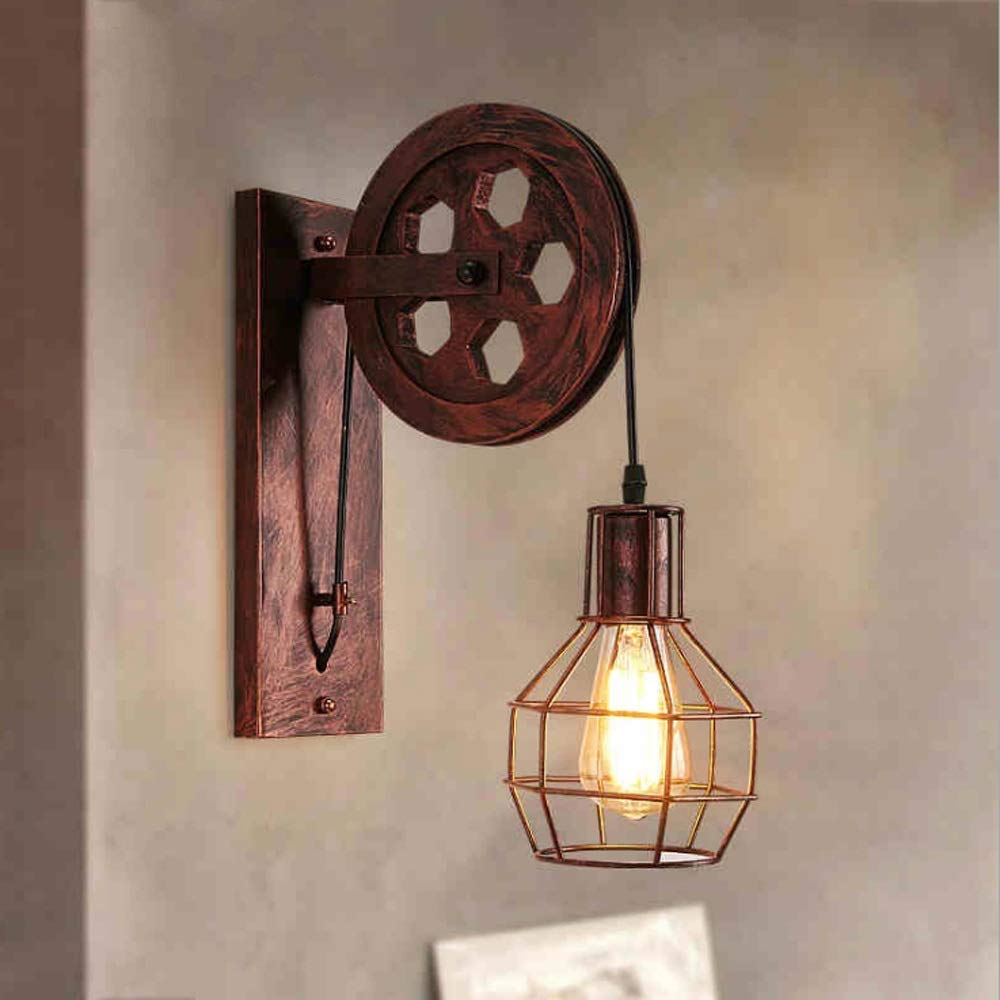 Vintage Industrial Wall Lamp - Retro Pulley Wall Light with Iron Art Design for Restaurant, Bar, Cafe & Home Decor | Dimmable Edison Bulb Lighting for Corridor, Aisle & Living Room Ambience