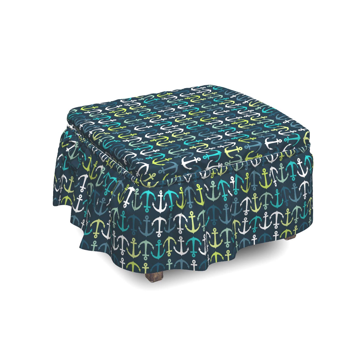 Ambesonne Anchor Ottoman Cover Set - 2 Piece Slipcover with Ruffle Skirt for Square/Round Footstools, Nautical Maritime Decor in Dark Blue Green White | Perfect for Living Room, Bedroom, or Boat Cabin Decoration