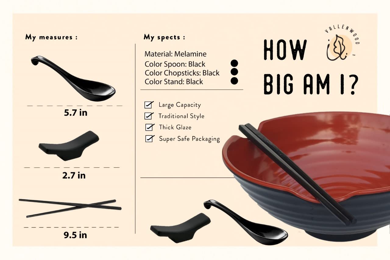 12-Piece Ramen Set - 4 Black Soup Spoons, 4 Chopsticks & 4 Stand Rests | Durable Melamine Asian Dining Utensils | Perfect for Ramen, Pho, Sushi, Wonton & Miso Soup | Ideal for Home Dining, Restaurants & Gifts