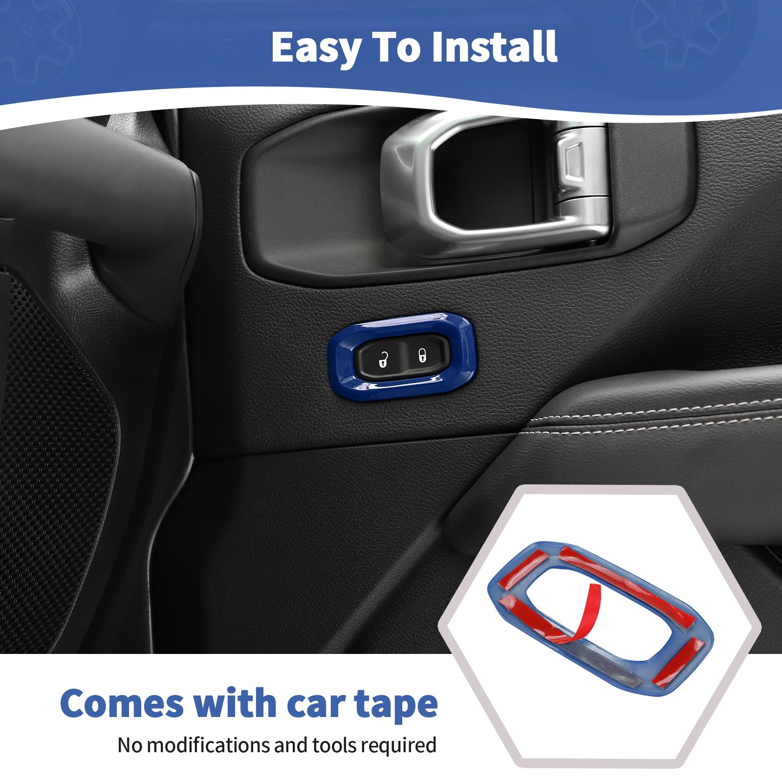 Jeep Wrangler JL JLU & Gladiator JT Door Lock Switch Button Trim Cover (2018-2024) - Blue Interior Accessories (2pcs) | Premium Upgrade for Enhanced Style & Protection | Perfect for Off-Roading & Daily Driving