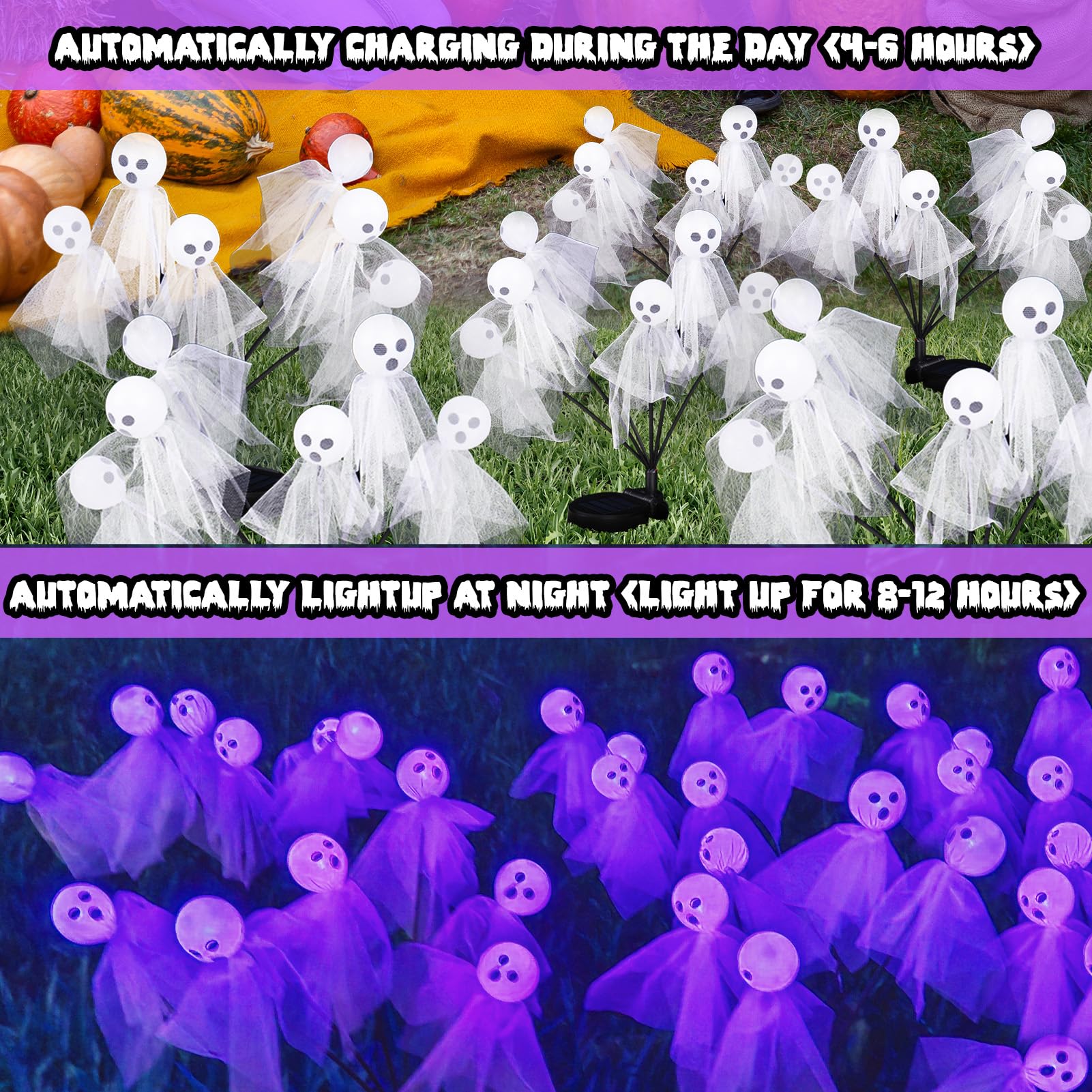 2 Pack Halloween Solar Lights Outdoor - 12 LED Scary Ghost & Swaying Firefly Pathway Lights, Waterproof Purple Halloween Decorations for Garden, Yard, Lawn - Perfect for Halloween Party & Spooky Pathway Lighting