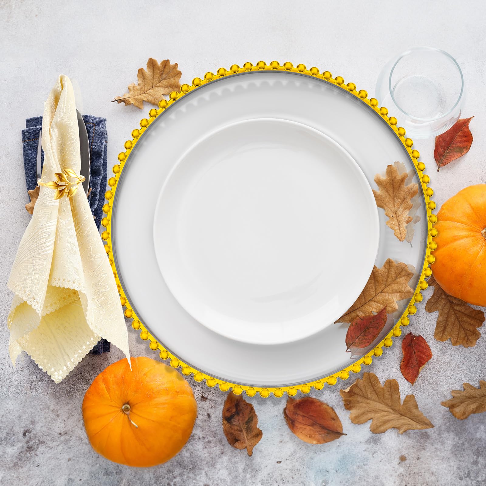 Bokon 50-Pack Clear Acrylic Charger Plates 13 Inch - Elegant Beaded Plastic Dinner Plates with Gold Napkin Rings - Perfect for Weddings, Thanksgiving & Party Decor (Clear & Gold)