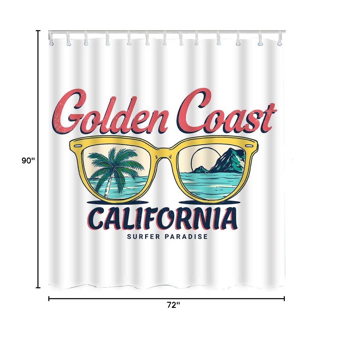 California Golden Coast Beach Shower Curtain Set - 72x72 Inch Polyester Bathroom Decor with Palm Tree, Sunglasses & Ocean Design - Perfect for Coastal, Beach House & Vacation Home Bathrooms
