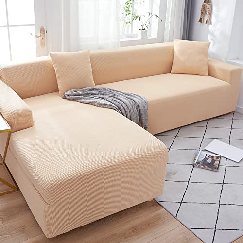 Velvet L-Shaped Couch Cover - Anti-Slip Waterproof Sofa Slipcover for Pets & Kids - Easy to Install (Beige, 3+4 Seaters) - Perfect for Living Room, Family Room & Pet-Friendly Homes