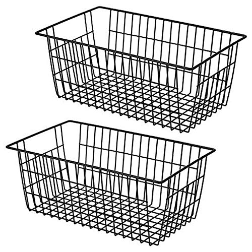 Junguluy 2 Pack Black Metal Wire Storage Baskets with Handles - Farmhouse Style Freezer Organizer Bins for Kitchen, Pantry & Home Organization