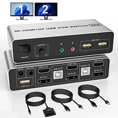 4K Dual Monitor KVM Switch HDMI + DisplayPort 2 in 2 Out - 60Hz 2 Monitors 2 Computers Switcher with Audio, Microphone & 3 USB Ports - Perfect for Home Office, Gaming Setup and Multi-PC Workstations