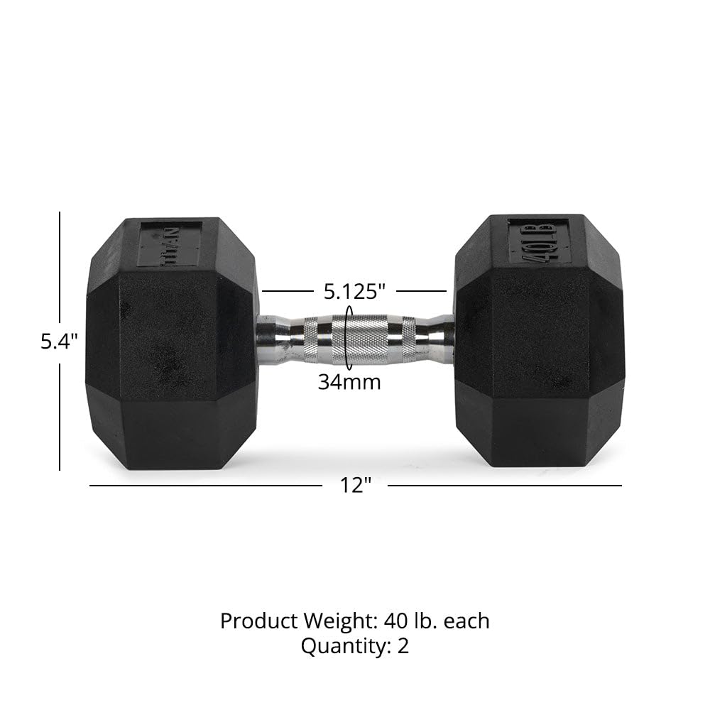 Titan Fitness 40 LB Pair Rubber Coated Hex Dumbbells - Black Ergonomic Cast Iron Handle Free Weights for Strength Training, Home Gym & CrossFit Workouts