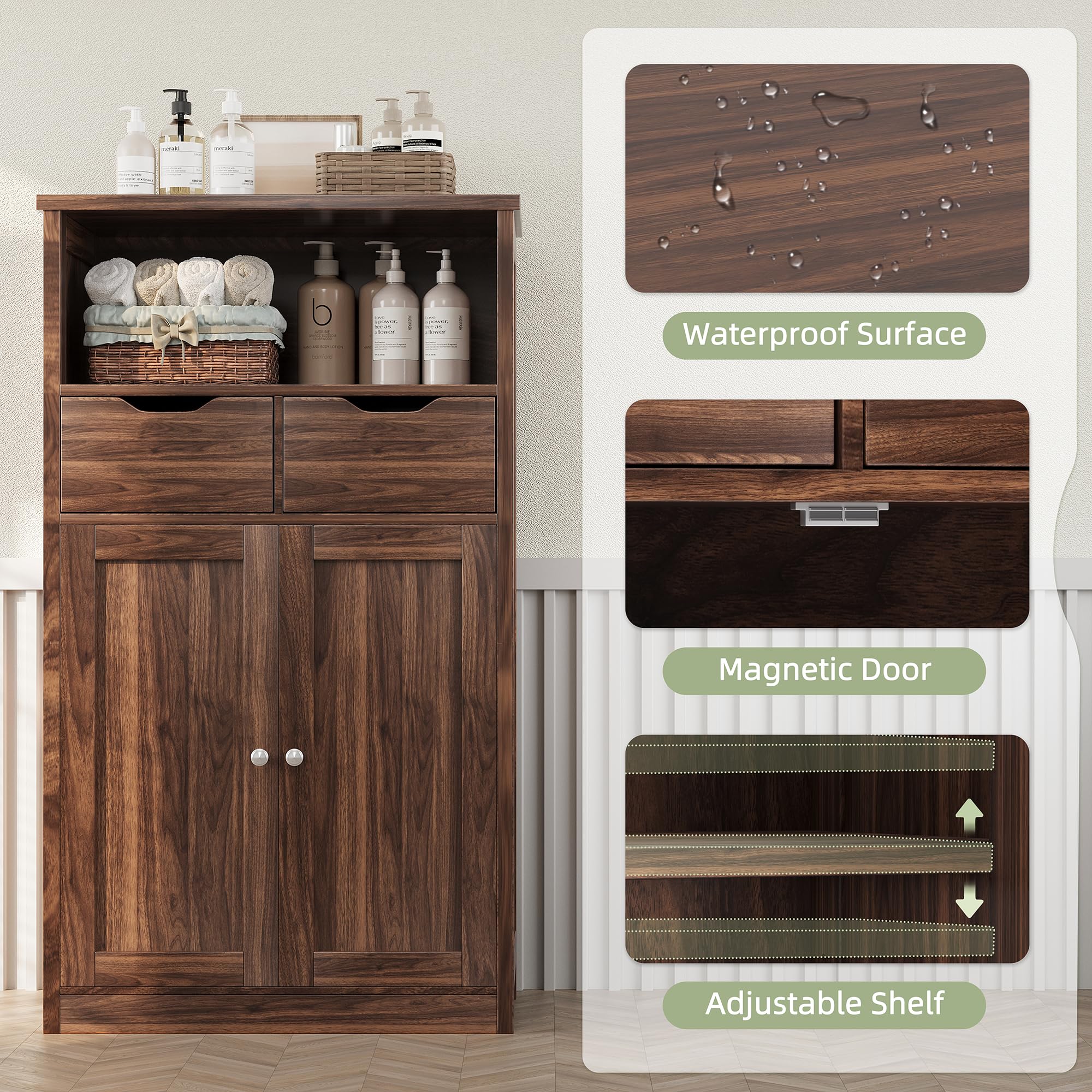 Shintenchi Storage Cabinet with Doors & Drawers - Adjustable Shelf for Bathroom, Kitchen, Living Room - Walnut