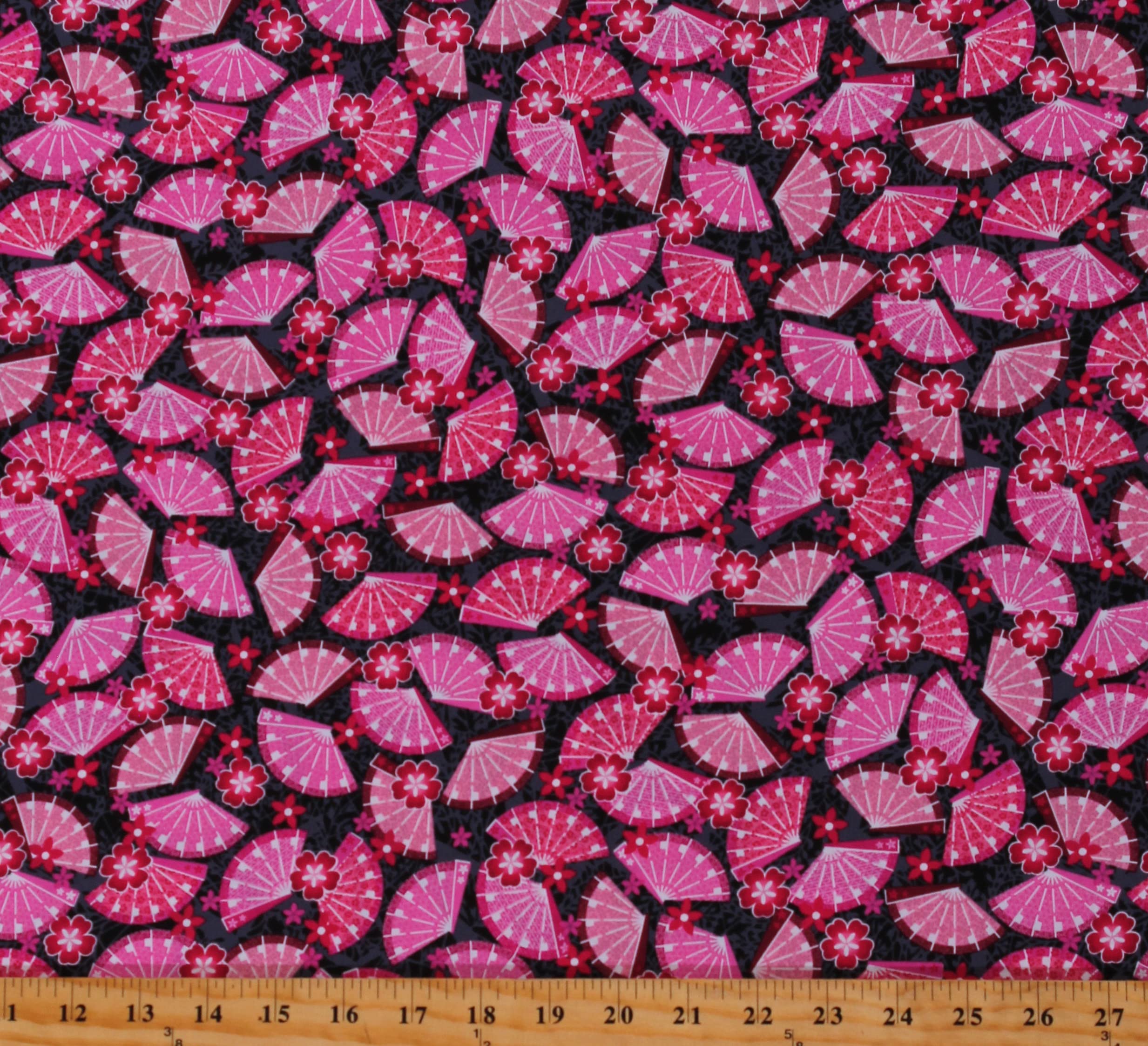Japanese Oogi Cotton Fans - Asian Imperial Pink Floral Print on Black Fabric by The Yard (D587.81) | Harajuku Style Home Decor, Cosplay Accessories & Cultural Events