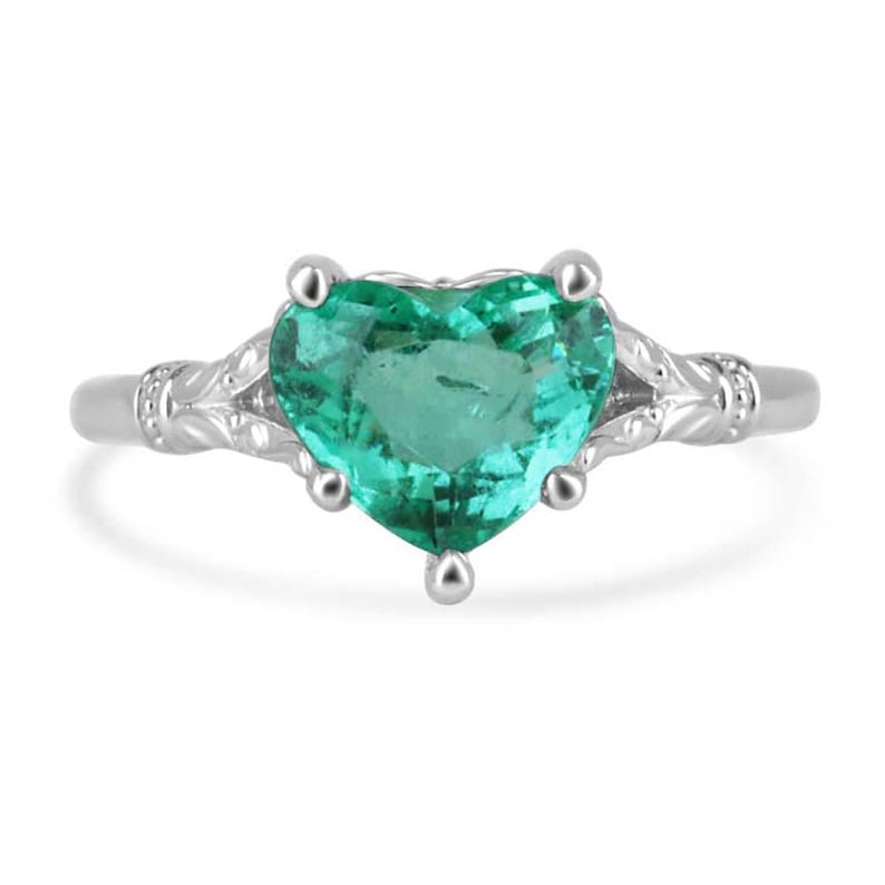 2.03ct Vivid Mint Green Heart Cut Colombian Emerald Solitaire Floral Ring - Elegant Engagement, Anniversary & Wedding Jewelry Gift for Her