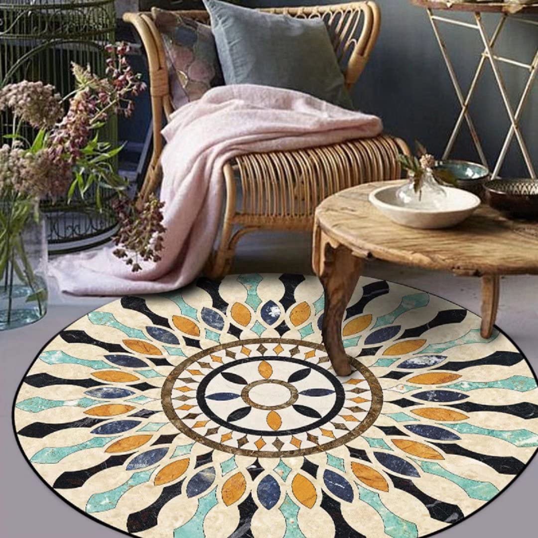 Vintage Boho Round Rug Pad 6 Feet - Non-Slip Washable Circular Area Rug for Living Room, Bedroom - Soft Bohemian Home Decor Carpet for Cozy Spaces & Boho Chic Interiors