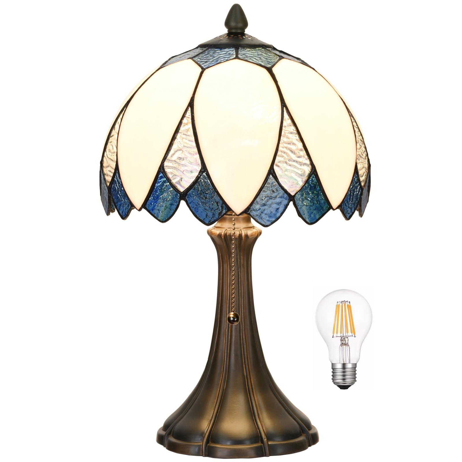 Tiffany Style Blue & White Lotus Table Lamp - 9.5x16.5 Inch Stained Glass Bedside Lamp with Bendable Shade for Reading - Perfect for Bedroom, Living Room & Home Office Decor | Romantic Ambiance Lighting
