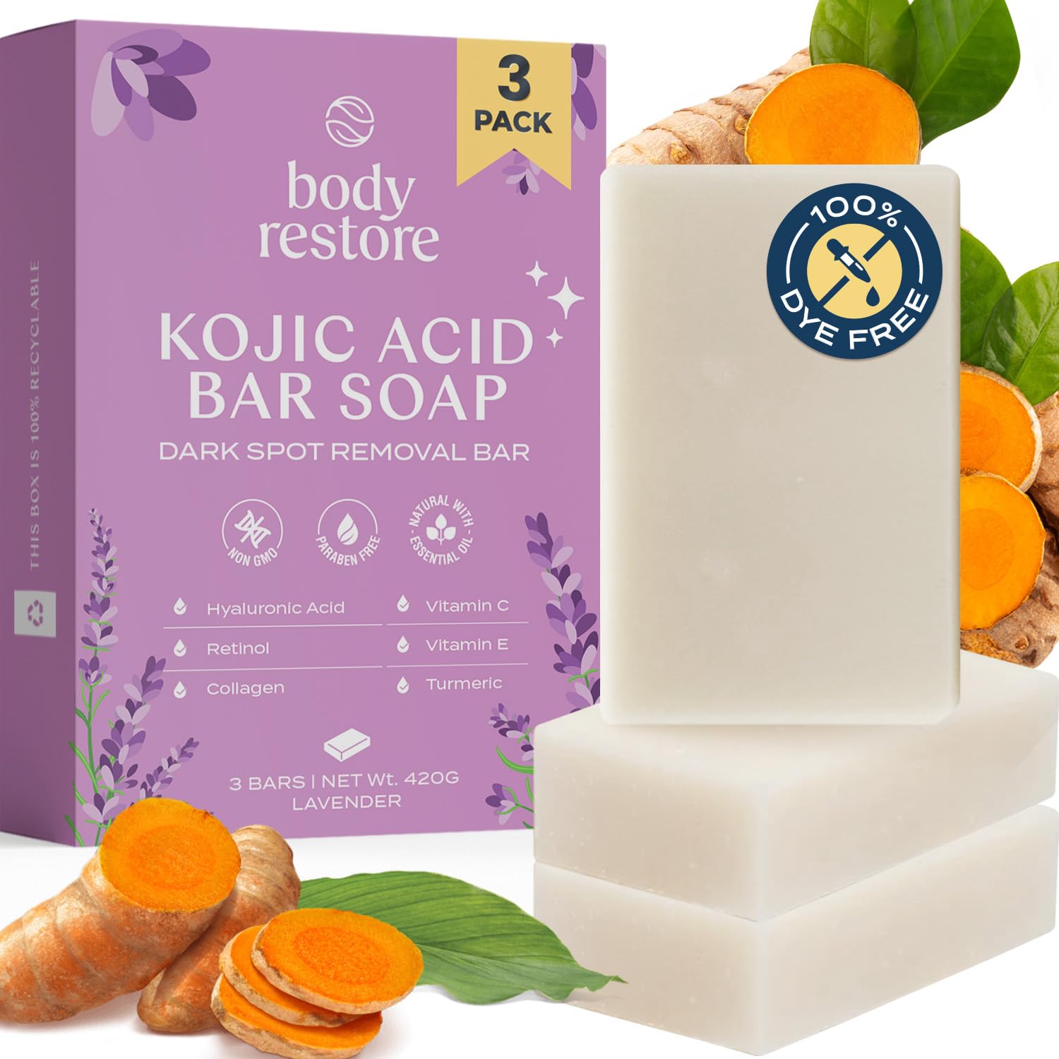 Body Restore Kojic Acid Soap with Vitamin C, E, Shea Butter & Hyaluronic Acid - 3 Pack Lavender Soap Bars for Dark Spot Treatment | All Natural, Paraben-Free Skincare | Brightening Face & Body Soap for Acne, Hyperpigmentation & Even Skin Tone