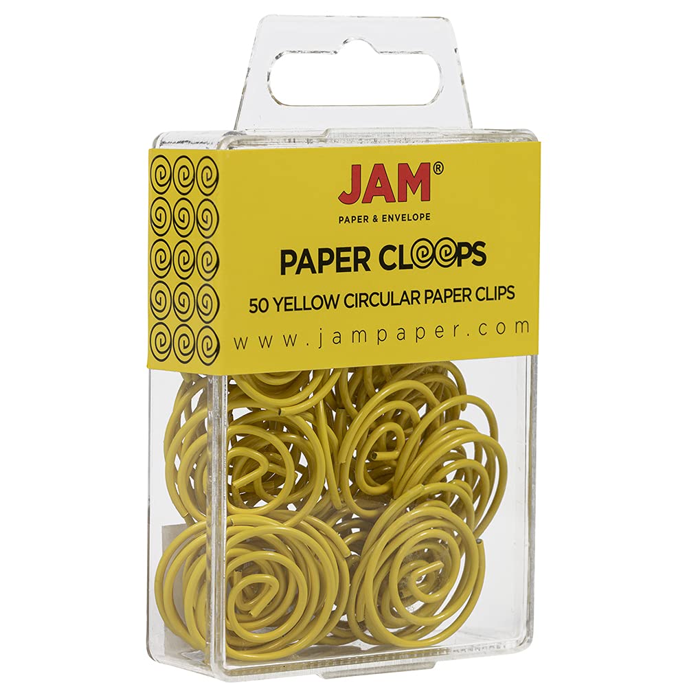 JAM PAPER Round Paper Clips - 50-Pack Yellow Circular Paper Clips for Office, School & Crafting - Durable Metal Binder Clips for Organizing Documents & Art Projects