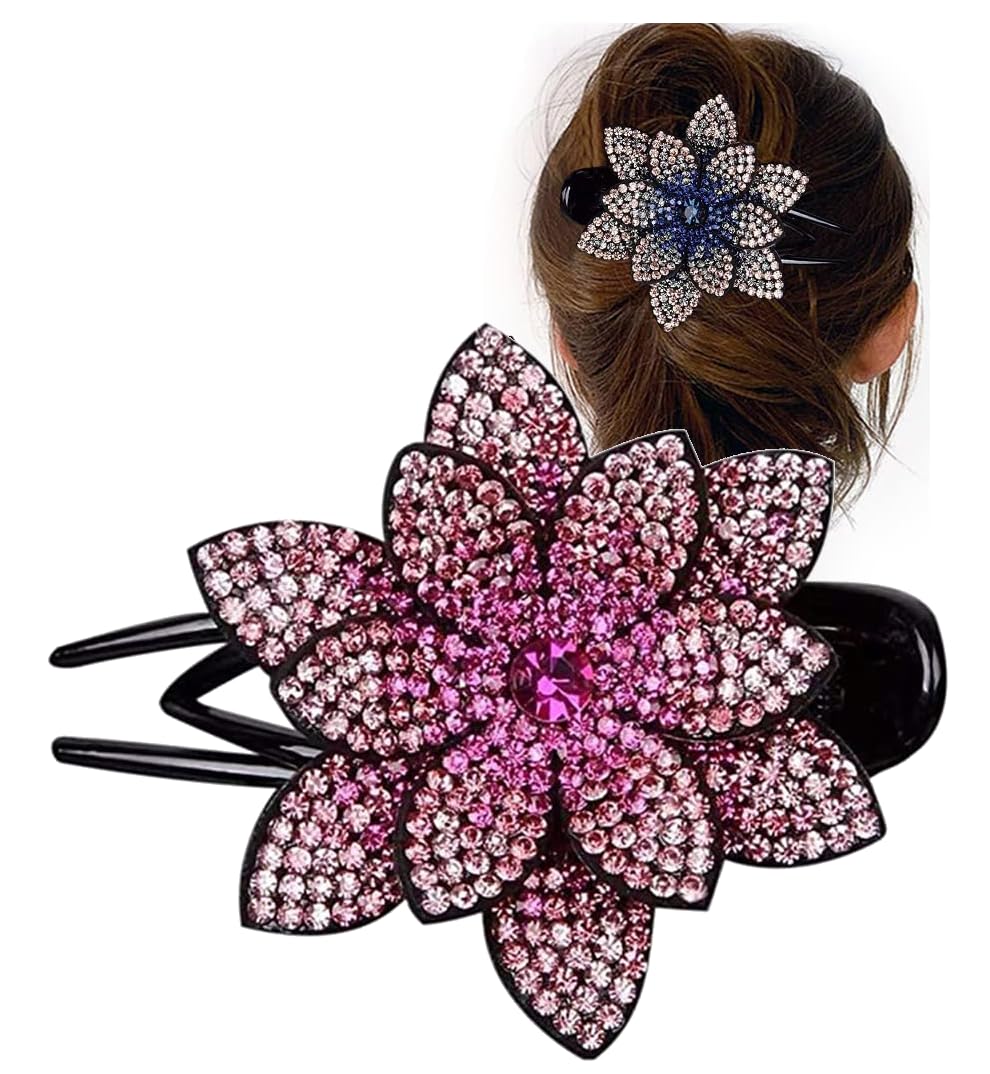 Luxury Rhinestone Flower Hair Clips for Women - Sparkly Crystal Hair Claws & Barrettes for Thick Long Hair - Korean Hair Accessories for Girls & Women - Perfect for Weddings, Parties & Everyday Glam
