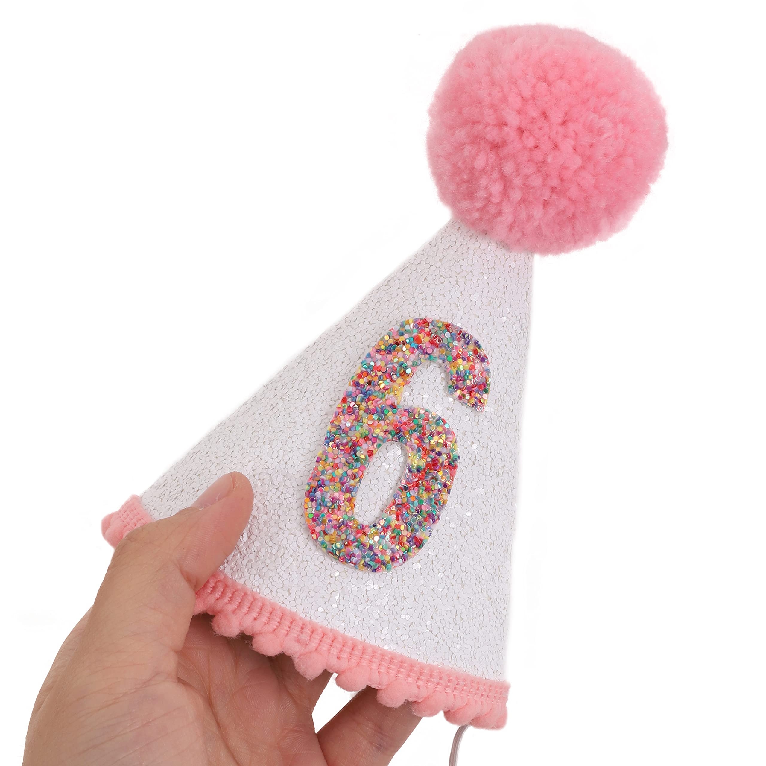 Sparkly Pink Glitter Birthday Hat for Girls with Pom Topper - Cute Party Hat for Birthday Celebrations, Baby Showers & Princess Themed Parties