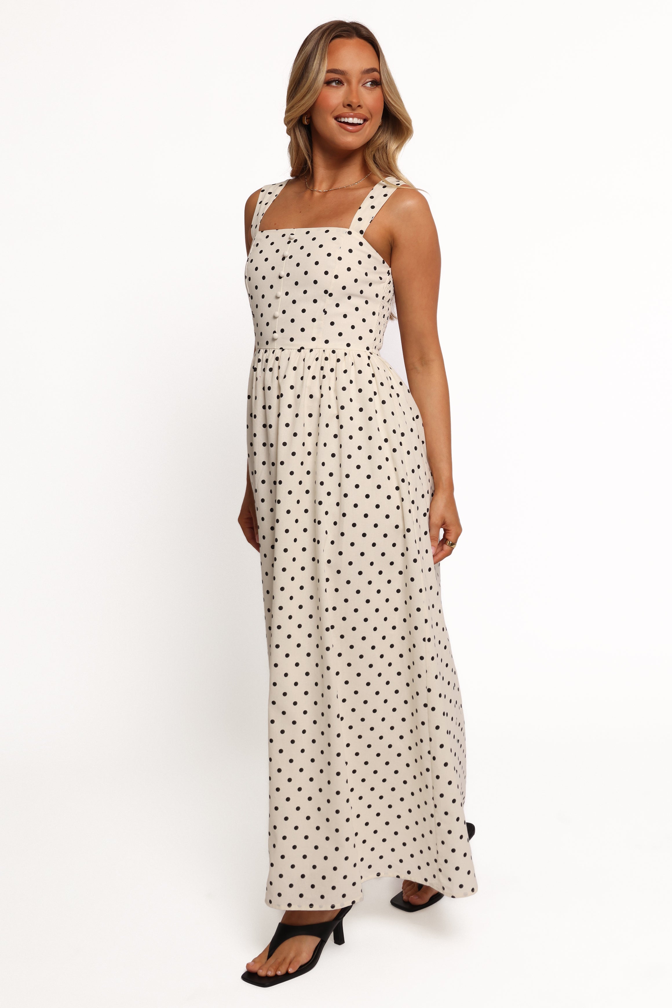 Jenni Maxi Dress - White Polka Dot Summer Flowy Dress for Women | Beach Wedding, Vacation & Party Wear