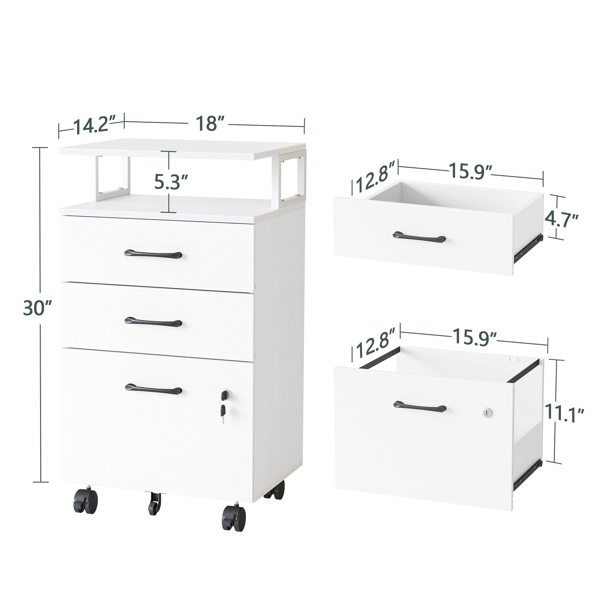 FEZIBO 3-Drawer Locking File Cabinet with Wheels - Home Office Storage for A4, Letter & Legal Documents - White Wooden Printer Stand & Rolling File Organizer - Perfect for Small Spaces & Workspace Organization