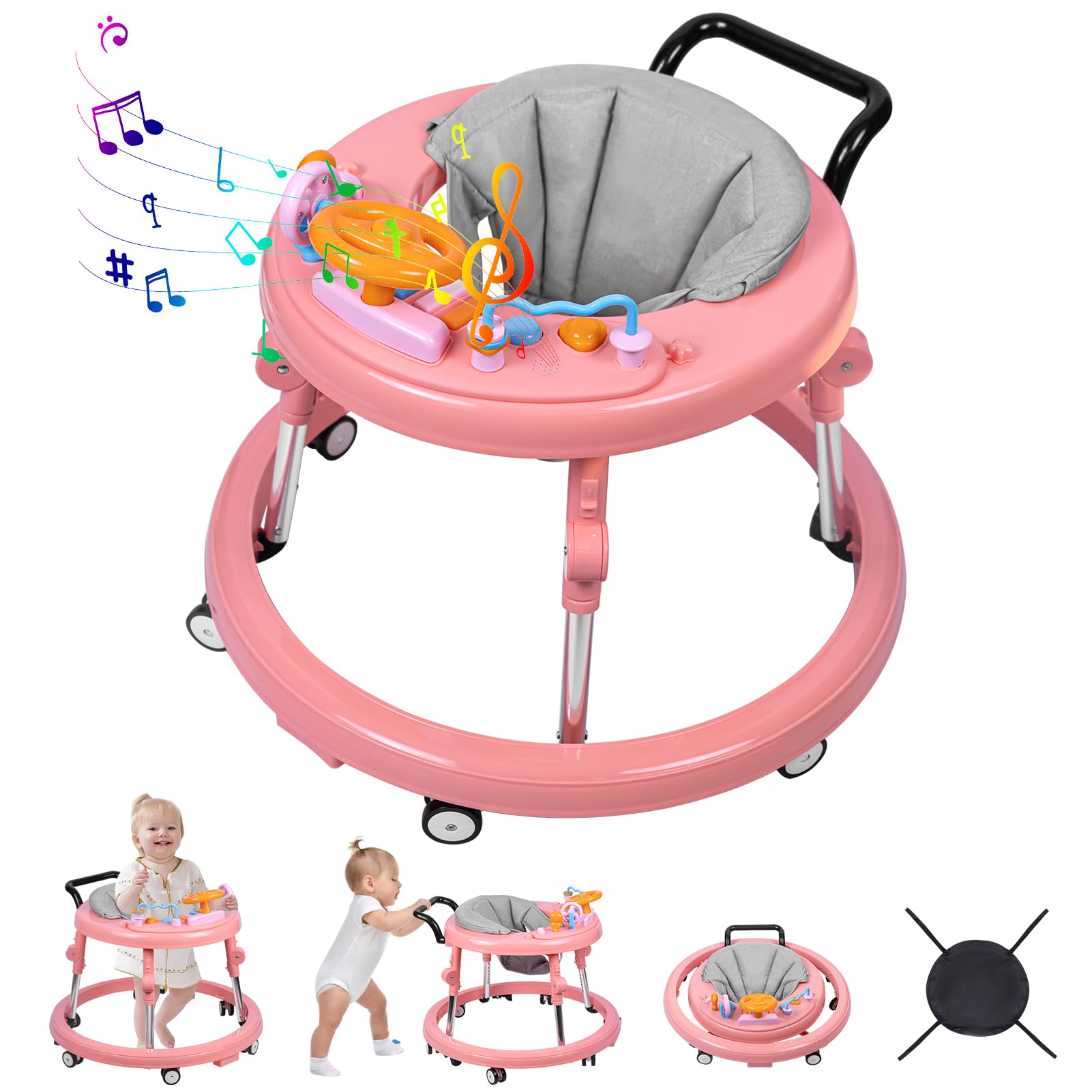 Foldable 9-Speed Adjustable Baby Walker with Wheels & Music - Anti-Fall Infant Activity Center with Foot Pads for Boys & Girls 6-24 Months | Perfect for Learning to Walk & Indoor Playtime