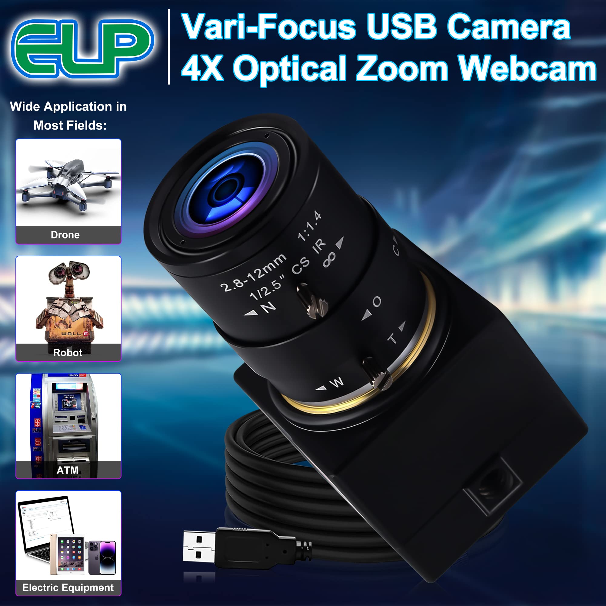 5MP USB Webcam with 2.8-12mm Manual Zoom Lens | UVC USB 2.0 PC Camera | Variable Focus for Computers, Laptops & Raspberry Pi | Perfect for Video Conferencing, Live Streaming & Close-up Industrial Inspection